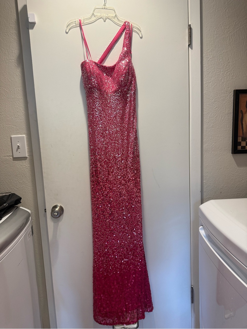 Faviana Hot Pink Sequin One-Shoulder Prom Gown